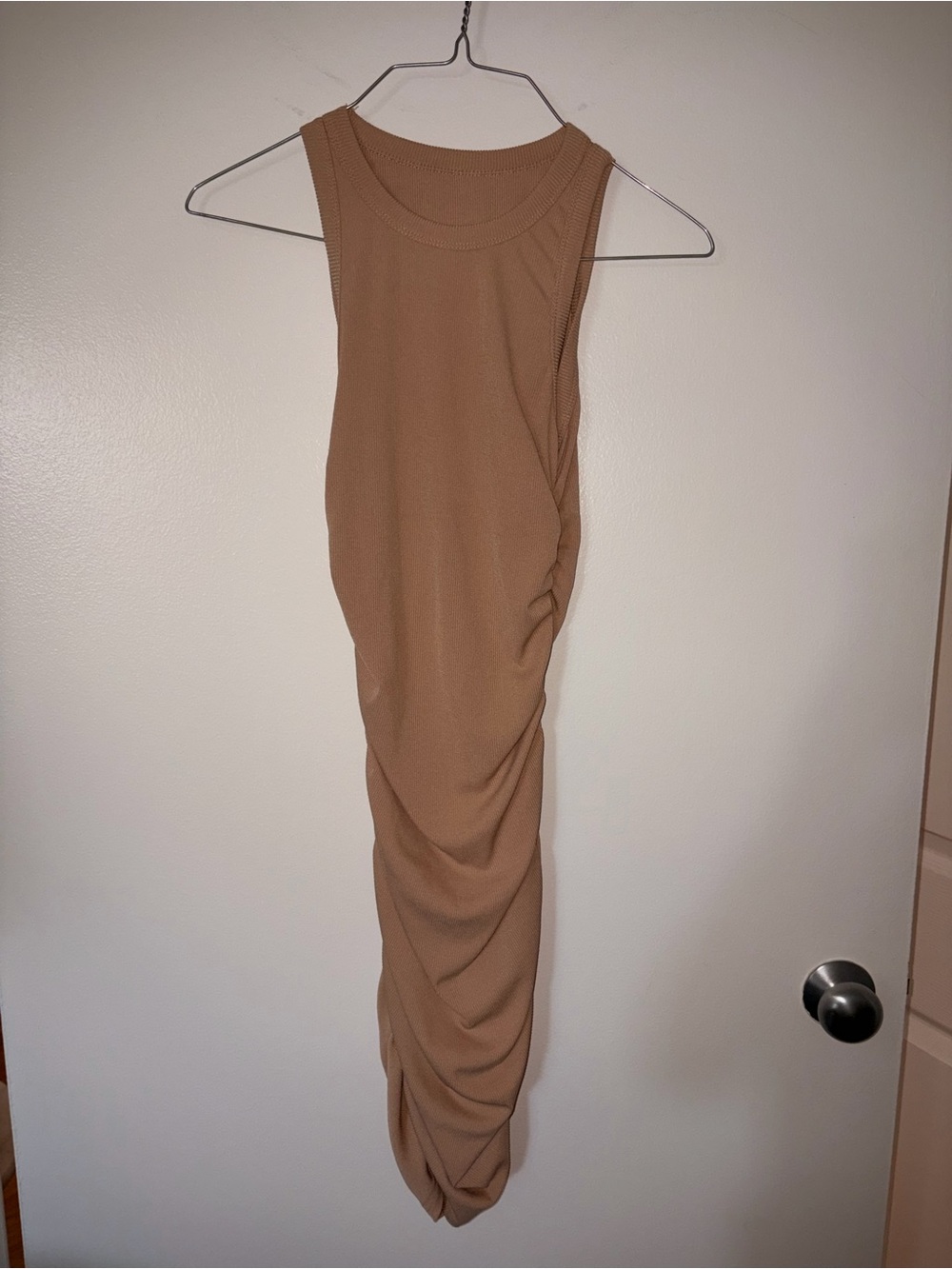 Sleeveless Ruched Bodycon Dress in Camel